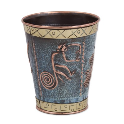 Small copper and bronze decorative vase, 'Nazca Mystique' - Petite Copper and Bronze Decorative Vase with Nazca Figures