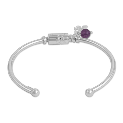 Amethyst cuff bracelet, 'Fortune Smiles' - Sterling Silver Clover Charm and Amethyst Bead Cuff Bracelet