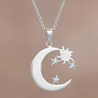 Sterling silver pendant necklace, 'Fairy tale Night' - Sterling Silver Crescent Moon and Stars Pendant Necklace