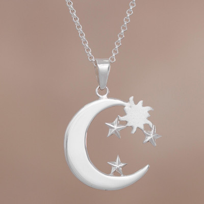 Sterling Silver Crescent Moon And Stars Pendant Necklace - Moon Star Pendant Necklace Sterling Silver Crescent Moon And Stars Pendant Necklace - Moon Star Pendant Necklace
