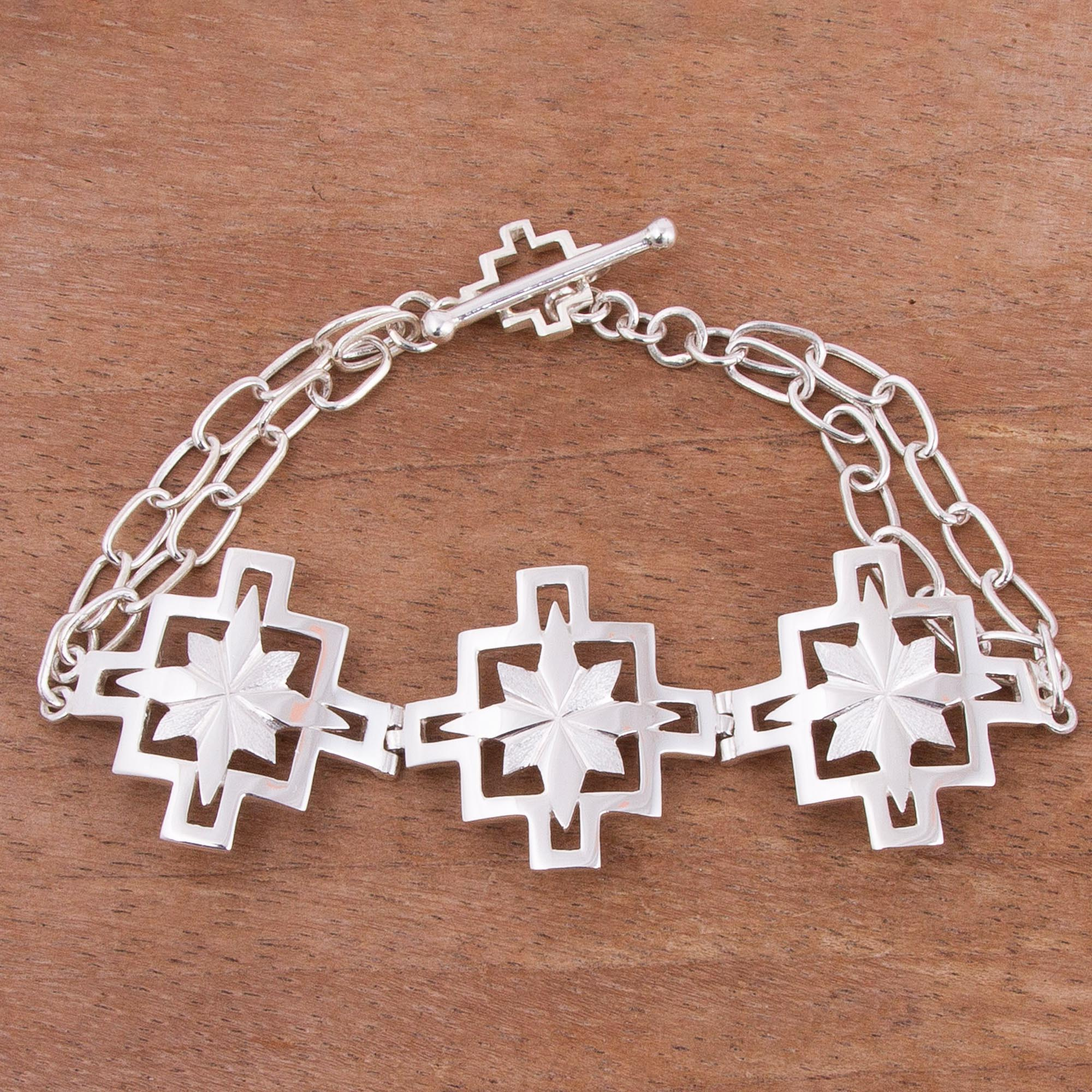 Chakana Inca Cross Sterling Silver Pendant Link Bracelet - Dazzling ...