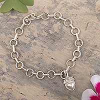 Sterling silver link bracelet, 'Divine Heart' - Religious Sterling Silver Heart Link Bracelet from Peru