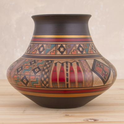 Hand-Painted Inca-Style Ceramic Decorative Vase from Peru, 'Incan Ritual