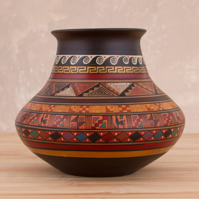 Ceramic decorative vase, 'Divine Inca' - Traditional Inca Ceramic Decorative Vase Crafted in Peru