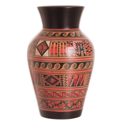 Ceramic decorative vase, 'Temple of the Moon' - Ceramic Decorative Vase with Geometric Motifs from Peru