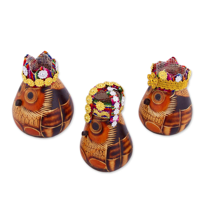 Gourd figurines, 'Three Kings' - Owl Three Kings Gourd Figurines from Peru (Set of 3)