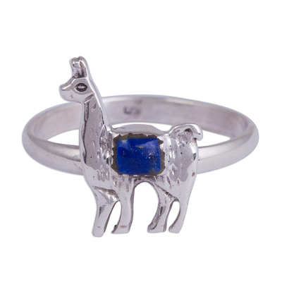 Lapis Lazuli and Silver Llama Cocktail Ring from Peru