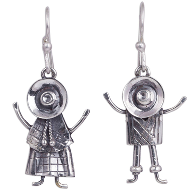 Sterling silver dangle earrings, 'Cuzco Love' - Sterling Silver Dangle Earrings of Andean People from Peru