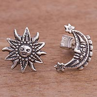 Sterling silver stud earrings, 'Stellar Royalty' - Sterling Silver Sun and Moon Stud Earrings from Peru