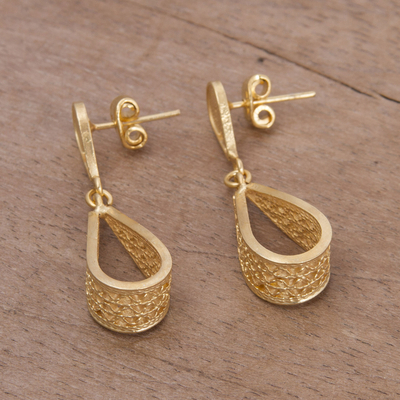 Gold plated filigree dangle earrings, 'Glistening Utopia' - Gold Plated Sterling Silver Filigree Earrings from Peru