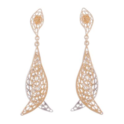 Gold plated and sterling silver filigree dangle earrings, 'Marvelous Boomerangs' - Gold Plated Silver and Sterling Silver Earrings from Peru