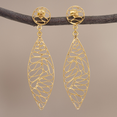 Gold plated sterling silver filigree dangle earrings, Glistening Waves