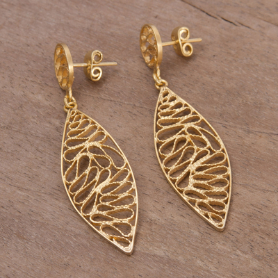 Gold plated sterling silver filigree dangle earrings, 'Glistening Waves' - Gold Plated Silver Filigree Dangle Earrings from Peru
