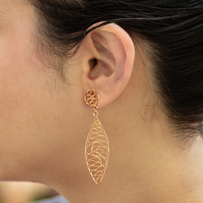 Gold plated sterling silver filigree dangle earrings, 'Glistening Waves' - Gold Plated Silver Filigree Dangle Earrings from Peru