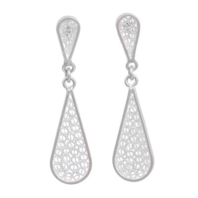 Sterling silver filigree dangle earrings, 'Miraculous Tears' - Drop-Shaped Sterling Silver Dangle Earrings from Peru