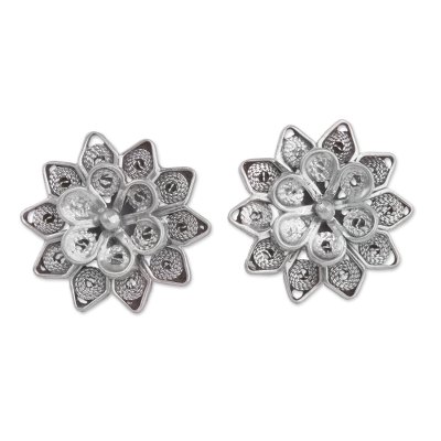 Sterling silver filigree button earrings, 'Fantasy Stars' - Sterling Silver Filigree Button Earrings from Peru