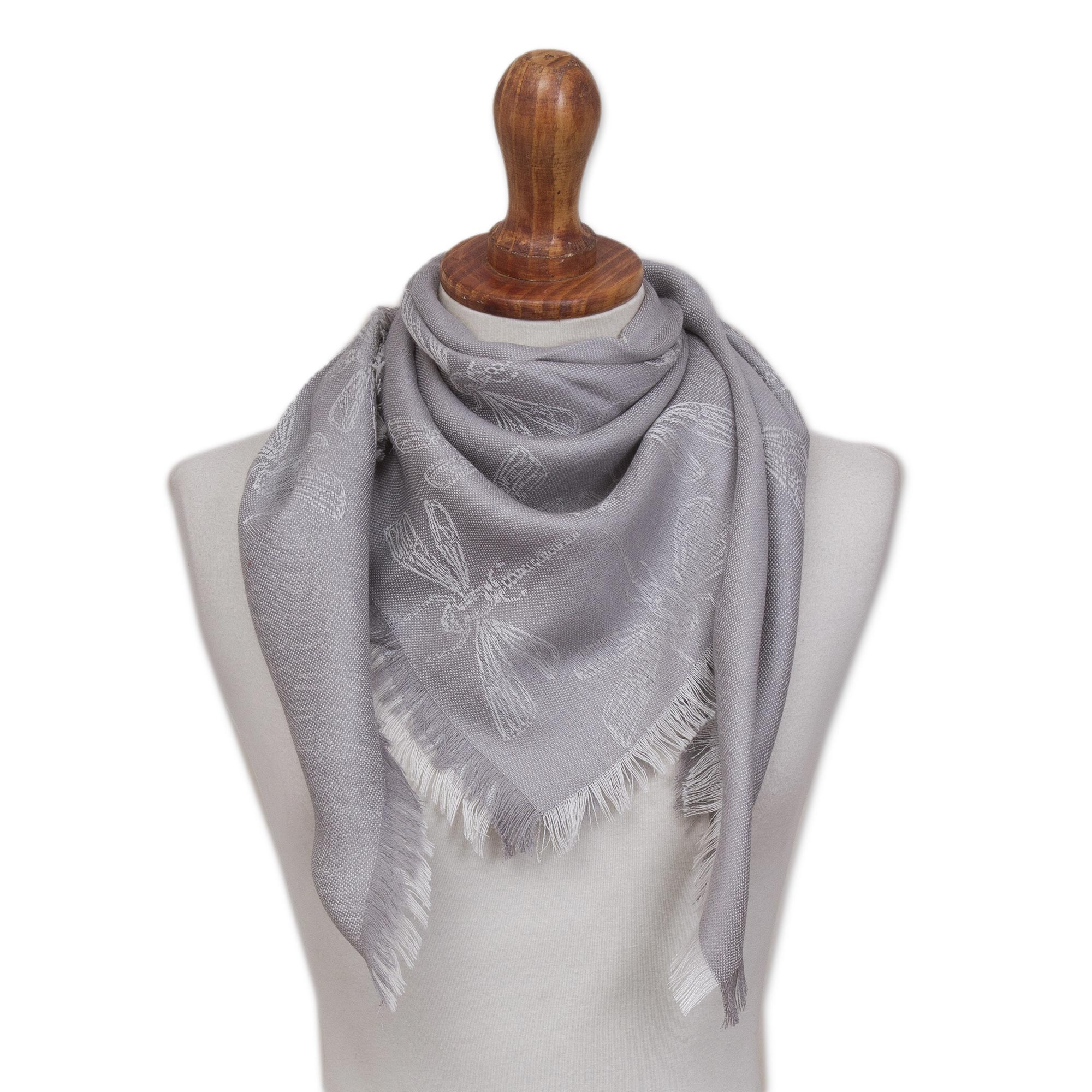 Baby Alpaca and Silk Blend Grey Dragonfly Reversible Scarf - Dragonfly in Pearl  Grey