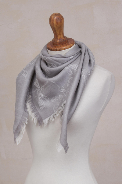 Baby alpaca and silk blend reversible scarf, 'Dragonfly in Pearl Grey' - Baby Alpaca and Silk Blend Grey Dragonfly Reversible Scarf