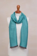 Baby alpaca and silk blend scarf, 'Options in Teal' - Baby Alpaca and Silk Blend Teal and Grey Reversible Scarf