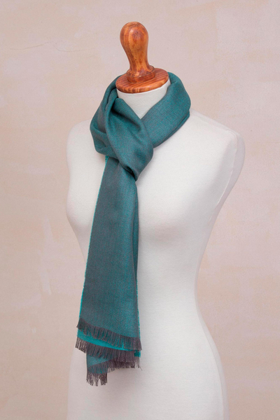 Baby alpaca and silk blend scarf, 'Options in Teal' - Baby Alpaca and Silk Blend Teal and Grey Reversible Scarf
