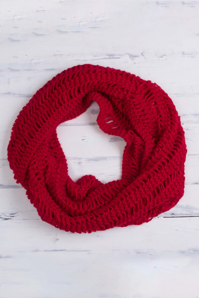 Hand-Crocheted Alpaca Blend Infinity Scarf in Crimson