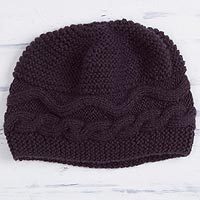 Alpaca blend hat, 'Aubergine Waves' - Hand-Knit Alpaca Blend Hat in Aubergine from Peru