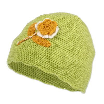 Floral Crocheted Alpaca Blend Hat in Chartreuse from Peru
