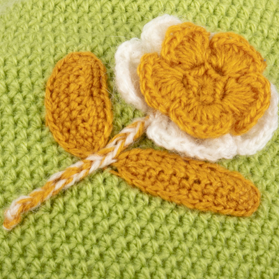 Alpaca blend hat, 'Sweet Blossom' - Floral Crocheted Alpaca Blend Hat in Chartreuse from Peru