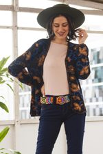 100% alpaca cardigan, 'Evensong Bloom' - 100% Alpaca Black Cardigan Sweater with Floral Motif