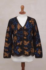 100% alpaca cardigan, 'Evensong Bloom' - 100% Alpaca Black Cardigan Sweater with Floral Motif