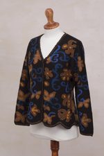 100% alpaca cardigan, 'Evensong Bloom' - 100% Alpaca Black Cardigan Sweater with Floral Motif