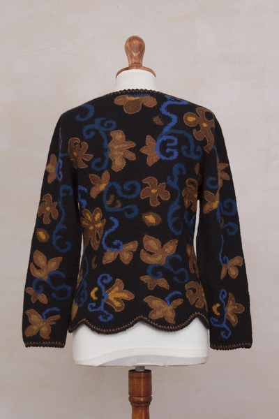 100% alpaca cardigan, 'Evensong Bloom' - 100% Alpaca Black Cardigan Sweater with Floral Motif