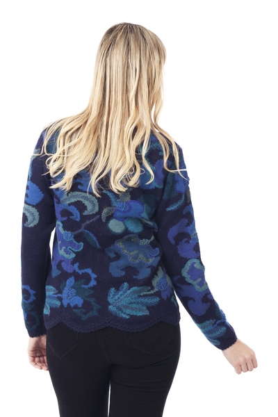 100% alpaca cardigan, 'Sea Blooms' - 100% Alpaca Blue Cardigan Sweater with Floral Motif