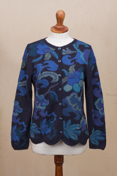 100% Alpaca Blue Cardigan Sweater with Floral Motif - Sea Blooms | NOVICA