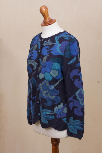 100% alpaca cardigan, 'Sea Blooms' - 100% Alpaca Blue Cardigan Sweater with Floral Motif
