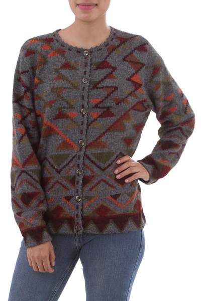 strickjacke aus 100 % Alpaka - grauer Cardigan-Pullover aus 100 % Alpaka-Inka mit geometrischem Muster