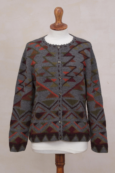 strickjacke aus 100 % Alpaka - grauer Cardigan-Pullover aus 100 % Alpaka-Inka mit geometrischem Muster