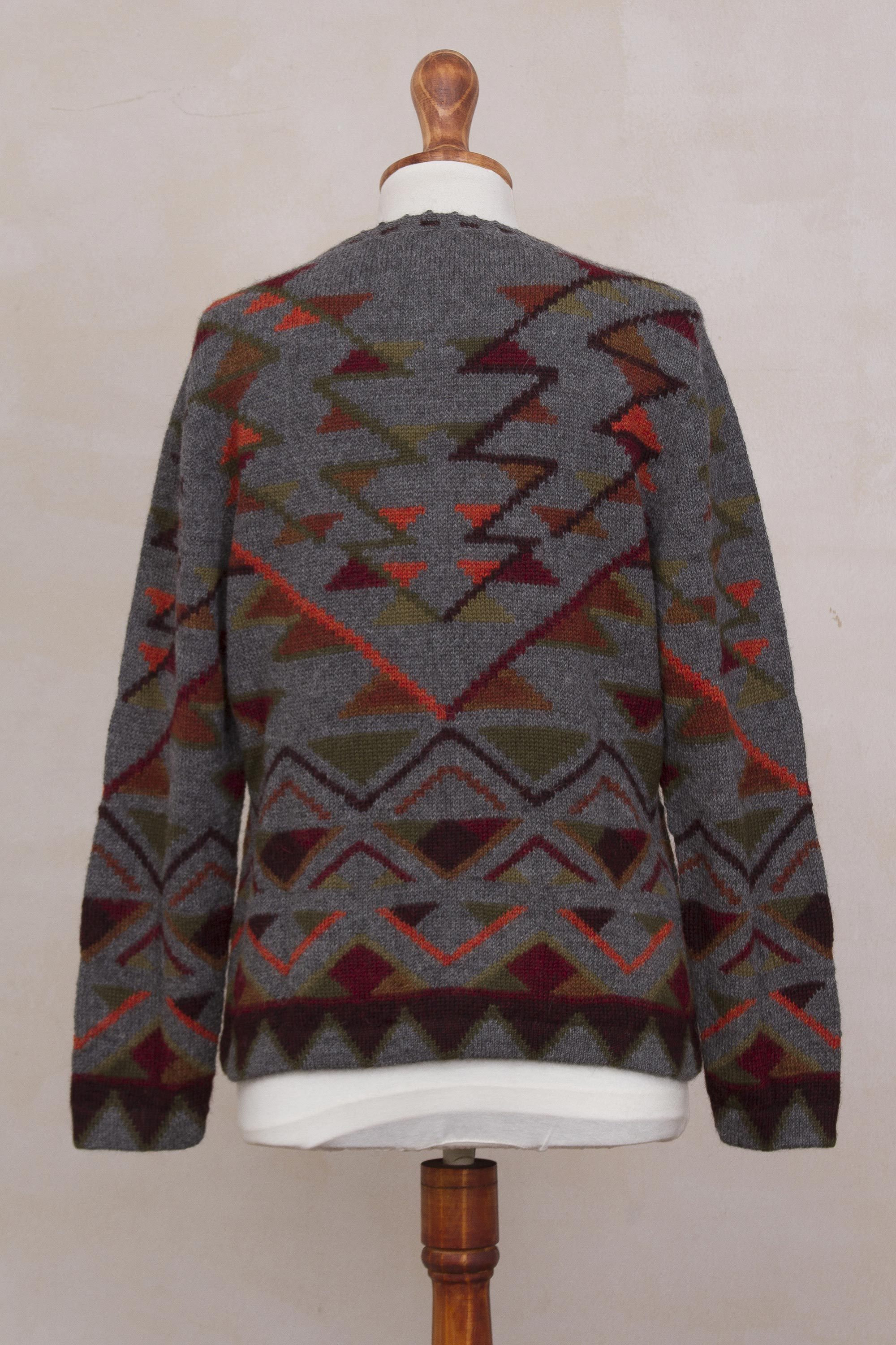 100% Alpaca Inca Geometric Pattern Grey Cardigan Sweater - Inca ...