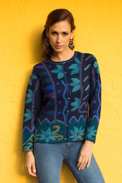 100% alpaca cardigan, 'Valley Bloom' - 100% Alpaca Navy Cardigan Sweater with Aqua Floral Motif