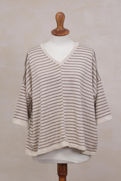 100% pima cotton knit top, 'Hypnotic Lines' - Peruvian Ivory and Lilac Striped 100% Pima Cotton Knit Top