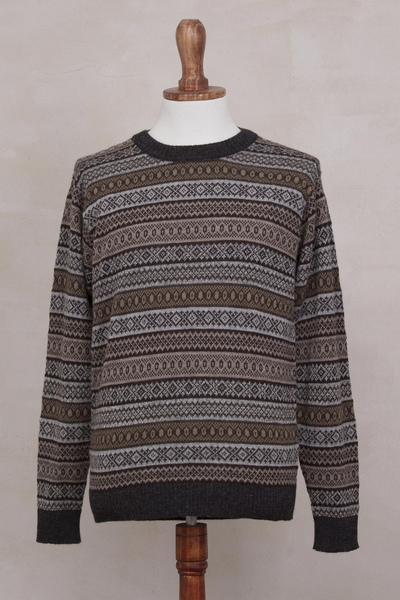 Men's Patterned Grey and Brown 100% Alpaca Pullover Sweater - Granite ...