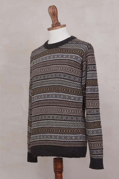 Men's Patterned Grey and Brown 100% Alpaca Pullover Sweater - Granite ...