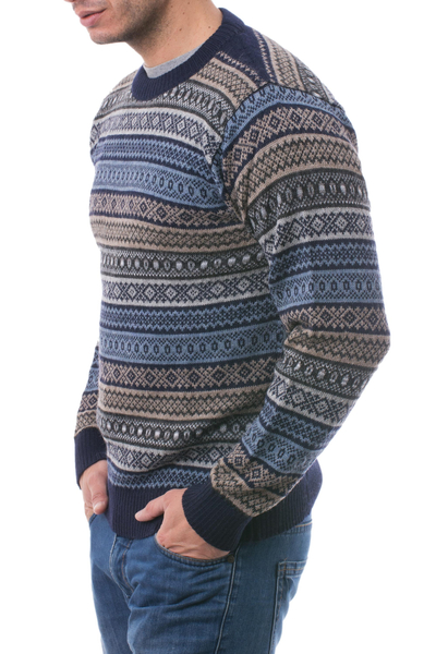 Men's 100% alpaca sweater, 'Monument' - Men's Patterned Grey and Brown 100% Alpaca Pullover Sweater