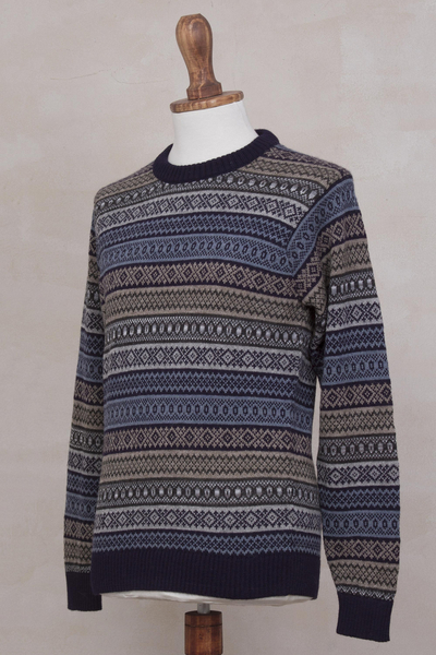 Men's Patterned Grey and Brown 100% Alpaca Pullover Sweater - Monument ...
