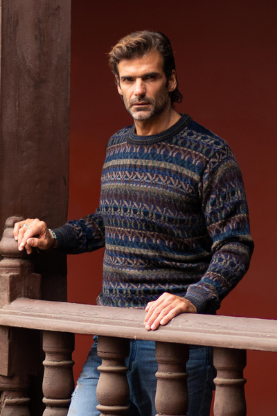Men's 100% alpaca sweater, 'Tempest' - Men's Patterned Earth Tones 100% Alpaca Pullover Sweater