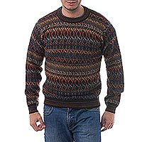 Men's Patterned Autumn Colors 100% Alpaca Pullover Sweater,'Forest Sunset'