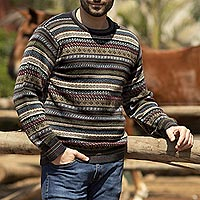 Men's 100% alpaca sweater, 'Professor' - Men's Striped and Patterned 100% Alpaca Pullover Sweater