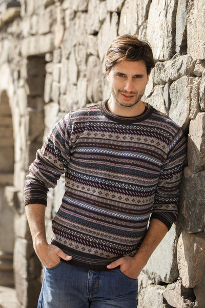 Men's 100% alpaca sweater, 'Geology' - Men's Striped and Patterned 100% Alpaca Pullover Sweater