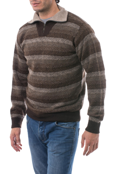 Men's 100% alpaca sweater, 'Seismic' - Men's Brown Striped 100% Alpaca Pullover Sweater