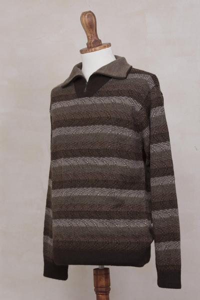 Men's 100% alpaca sweater, 'Seismic' - Men's Brown Striped 100% Alpaca Pullover Sweater